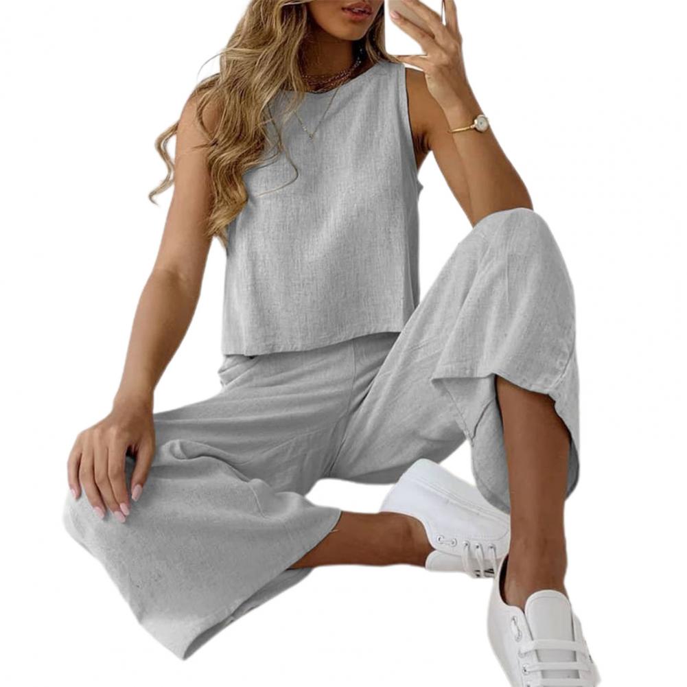 The Wanderer Casual Summer Two-piece Outfit with a Midi-sleeveless Top and Wide Leg Trousers
